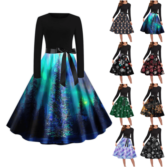 Mifsaly Christmas Dresses for Women 2025 Xmas Snowflake Print Long Sleeve Vintage Cocktail Dress Crewneck Tunic Elegant Evening Gown Wedding Guest Festival Party formal Outfits Holiday Funny Gifts