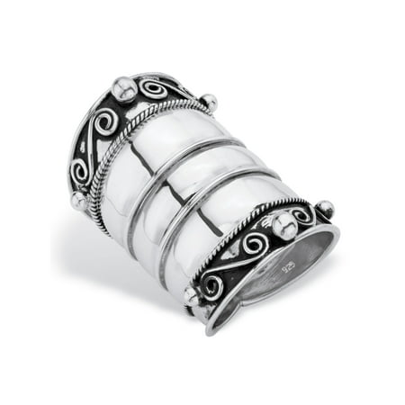Quartz Antique Style Ring - Bohemian Wide Cigar Band-Style Scroll Ring Band in Antiqued Sterling Silver