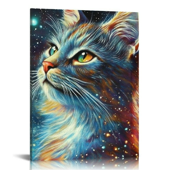 FCXZI Cat Canvas Print Star Cat Wall Art ModernPictures Dark for Bedroom Bathroom Modern Home Office Decoration Canvas hanging painting for bedroom, living room wall decoration 12x16in