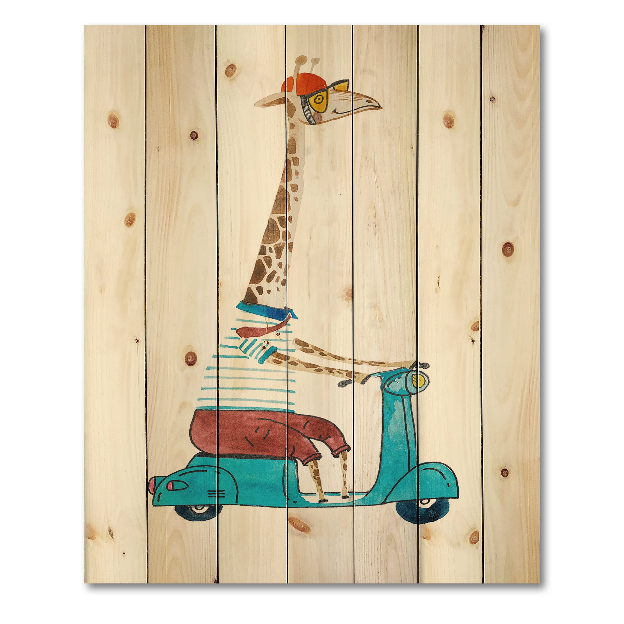 Designart 'Giraffe Dressed Up Wearing Helmet & Riding Blue Scooter' Children's Art Print on Natural Pine Wood