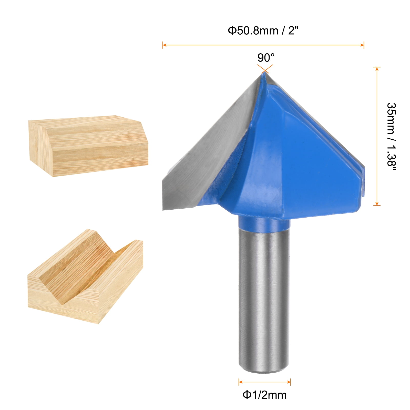 Router Bit 1/2" Shank 2" Dia 90 Degree V Type End Mill Carbide Edge Trimmer, Blue