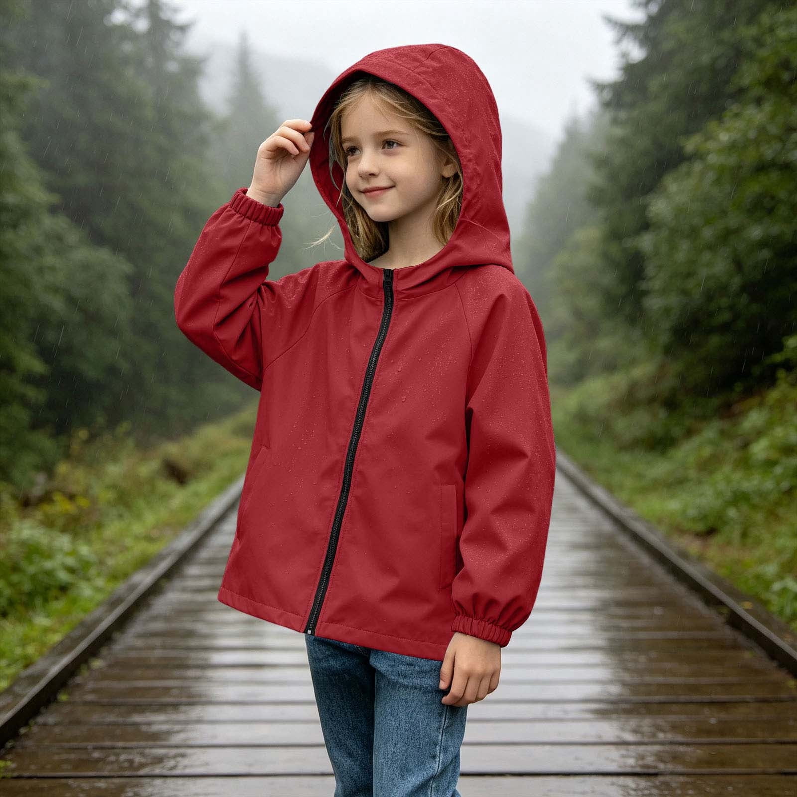 Lutiedan Girls Waterproof Rain Jacket Zip Up Hooded Lightweight Windbreaker Casual Outdoor Raincoats with Pocket Size 5-16