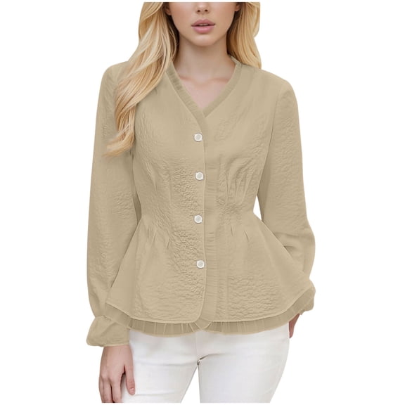 GUACER Fashion Womens Long Sleeve Tops Peplum Blouses V Neck Button Front Lace Trim Office Casual Outfits