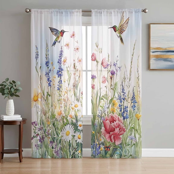 Spring Floral Sheer Curtains 84 Inch Length 2 Panels Set, Botanical Blossom Seasonal Wildflower Voile Window Treatment Rod Pocket Curtains Sheers Drapes for Bedroom/Living Room/Kitchen 52"x84"x2
