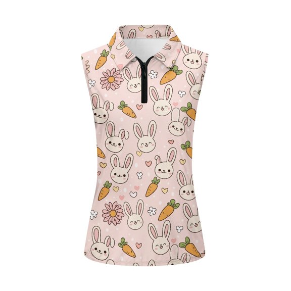 Whosucclay Bunny Carrot Floral Print Womens Golf Shirt Sleeveless Golf Shirt for Ladies, Breathable Half Zip Collar for Tennis Athletic Sports
