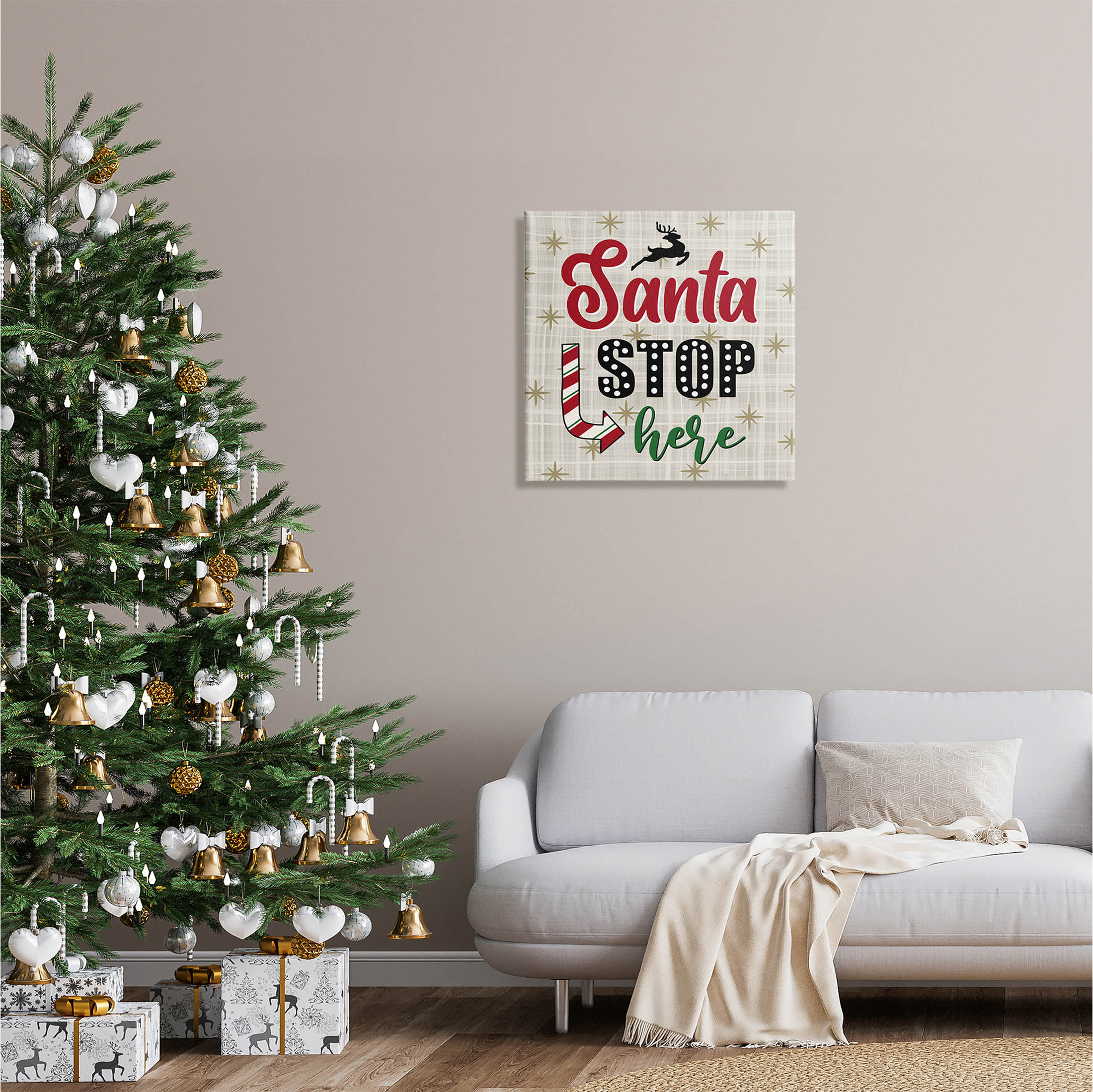 Santa Stop Here Retro Holiday Holiday Graphic Art Gallery Wrapped Canvas Print Wall Art