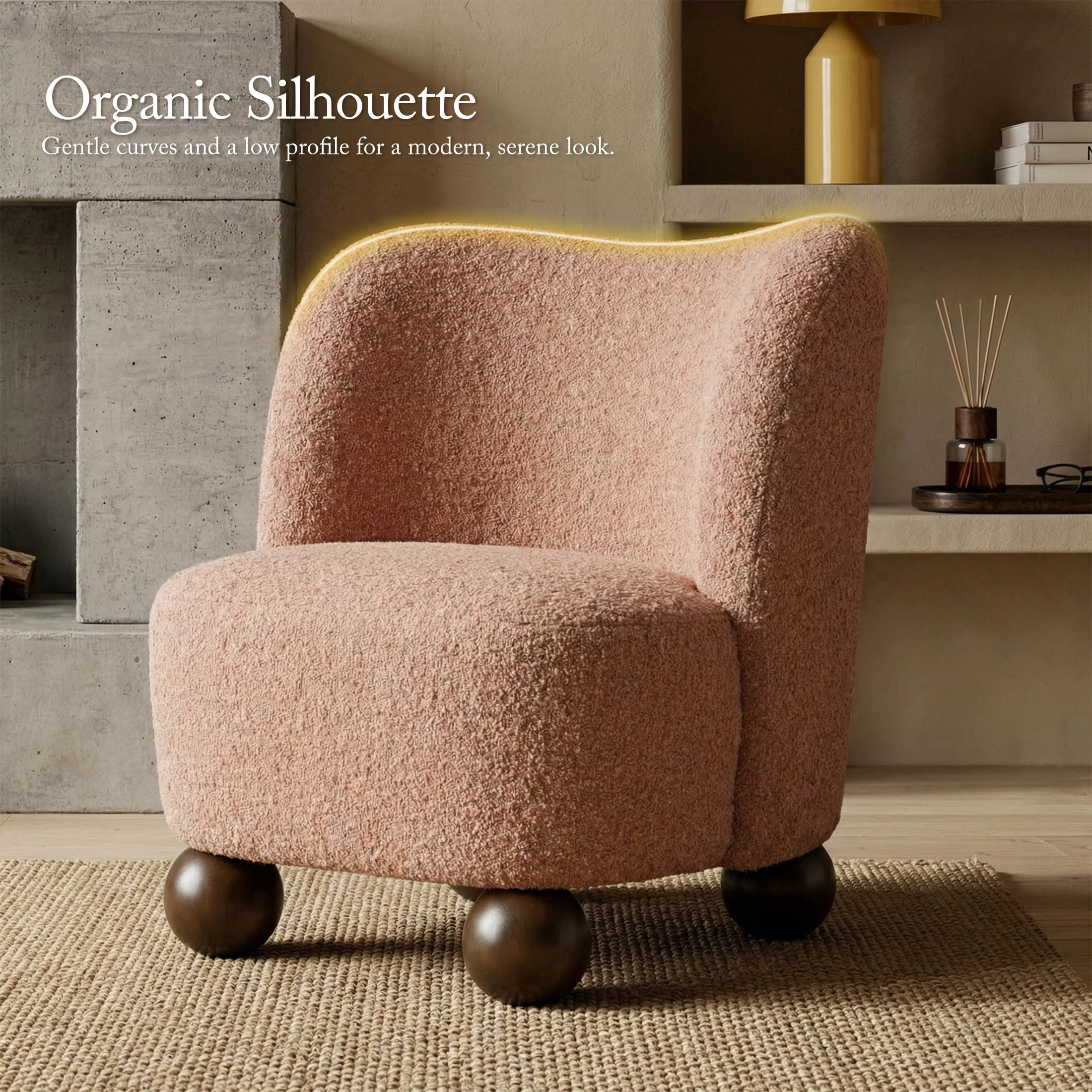 Aenkyo Contemporary Boucle Armless Accent Chair with Sculptural Wood Ball Feet, Pink