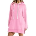 thumbnail image 2 of BiZtdJrK Women Hoodie Mini Dress Drawstring Side Split Long Sleeve Hooded Sweatshirt Loose Fall Causal Dresses with Pocket Pink M, 2 of 5
