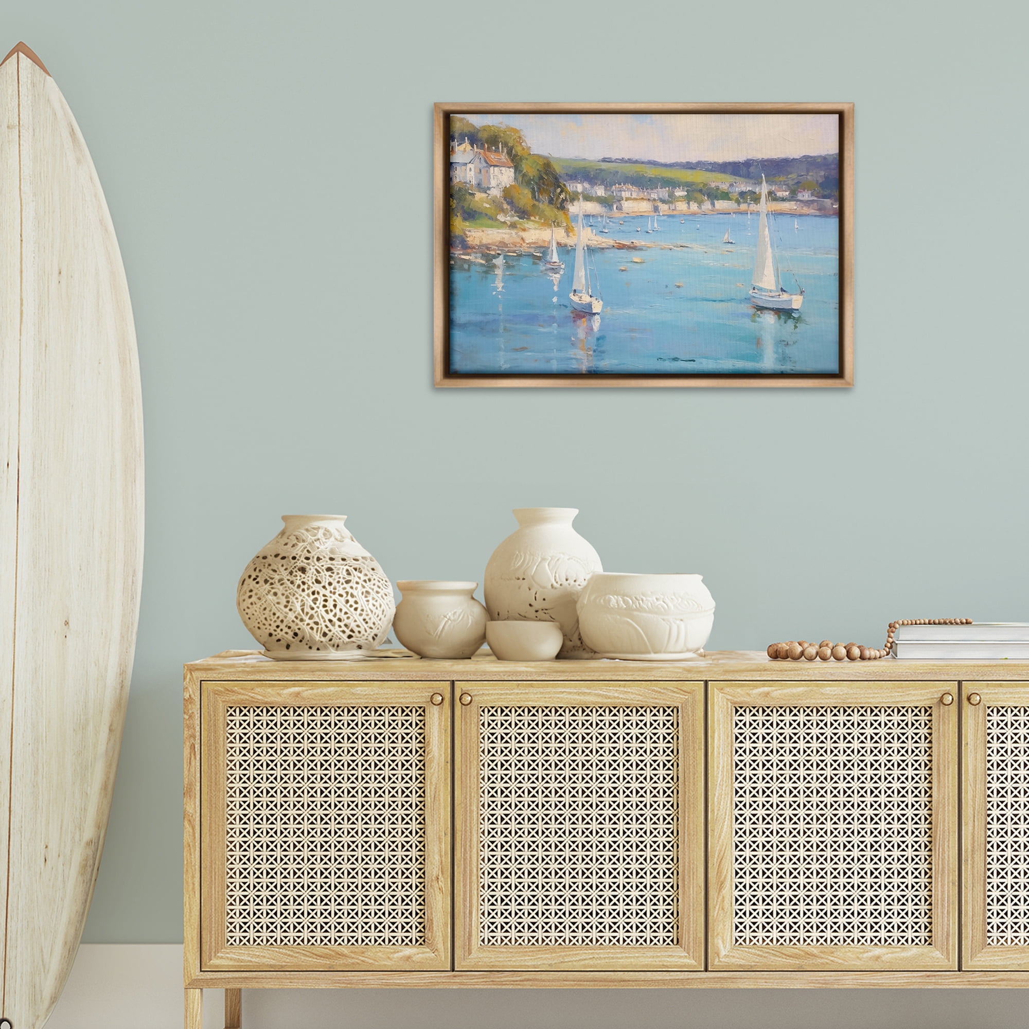 Stupell Industries Sailboats Of The Shore Nautical & Beach Painting Brown Floater Framed Canvas Art Print Wall Art, 31 x 21