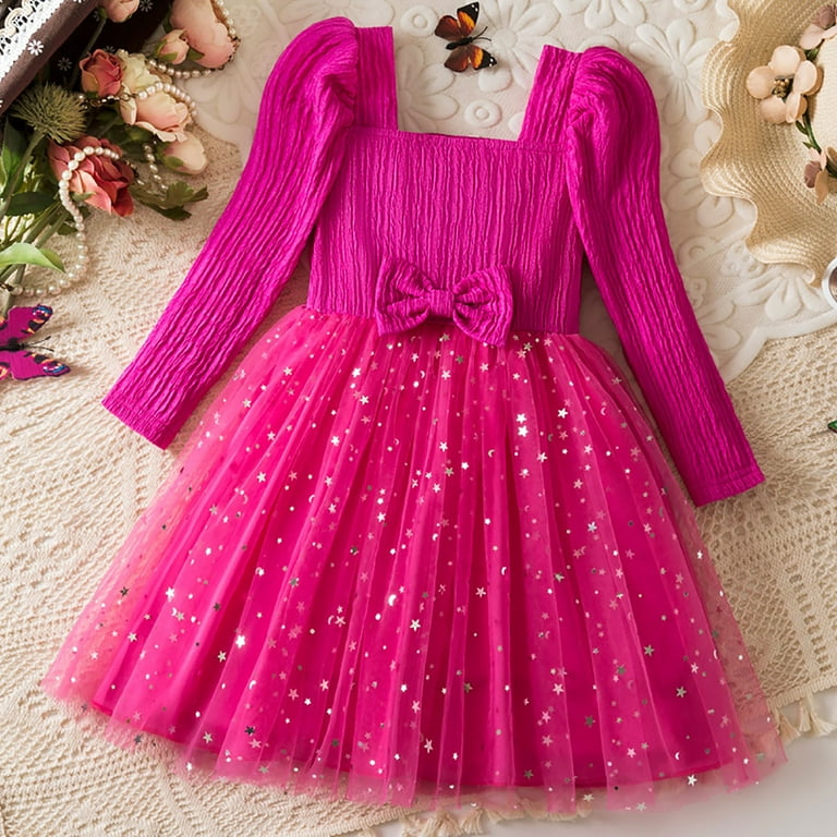 Gubotare Girls Fall Dress Girls Dresses Long Sleeve Crew Collar Dress Casual Dress for Kids Girl Size 5T 6T(Hot Pink,5-6 Years), Girl's