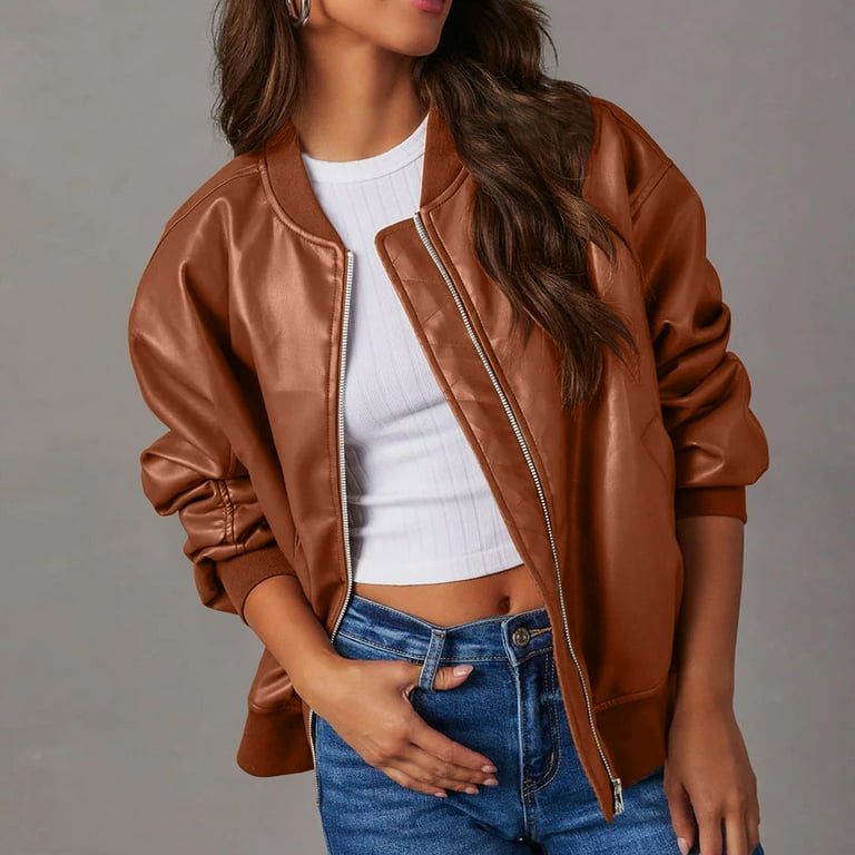 FAIWAD Women's Leather Jacket Long Sleeve Zip Up Outwear Solid Color Trendy  Casual Jacket