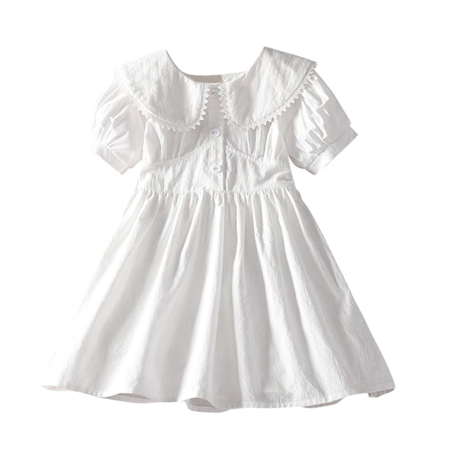 Liquidation Staron Robes Petite Fille Vêtements Bébé Fille Robe Blanche à Manches Courtes Robe Unie à Col à Revers Robe Trapèze d'Été Robes Fillette