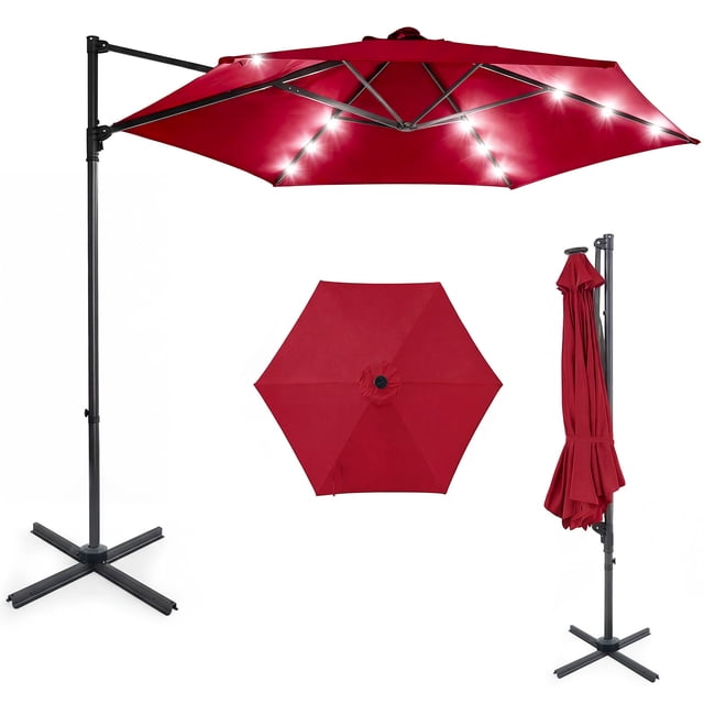Costway 10 FT Patio Cantilever Umbrella Large Offset Hanging Umbrella with Solar LED Lights Wine