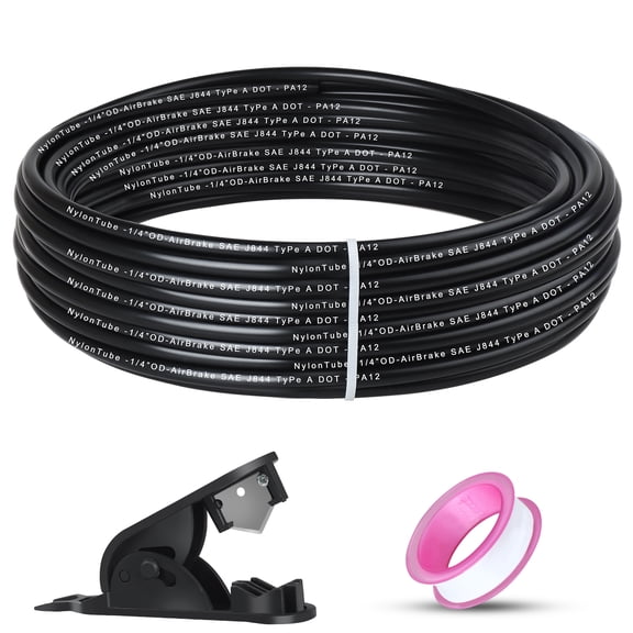 1/4" OD x 50FT DOT Air Line Tubing Kit Black SAE J844 PA12 Nylon Air Brake Hose with Cutter and Teflon Tape For Trailer Trucks RV Braking Systems or Fluid Transfer
