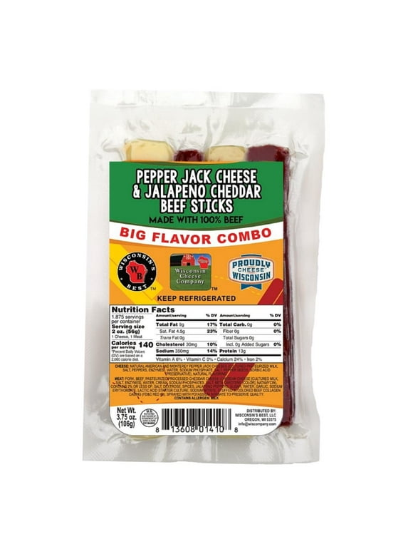 Wisconsin's Best Pepper Jack Cheese & Jalapeno Cheddar Beef Sticks, 3.75 oz, 12 ct, Shelf Stable