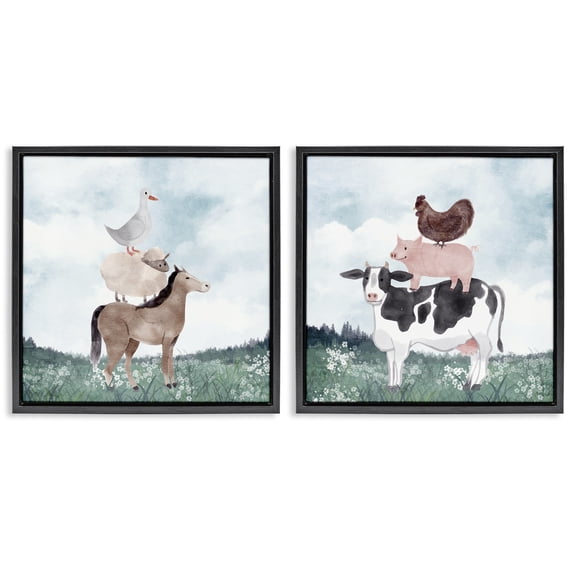 Stupell Industries Stacked Animals Blue Sky Farm 2 Piece Black Framed Floater Canvas Set, design by Kim Allen