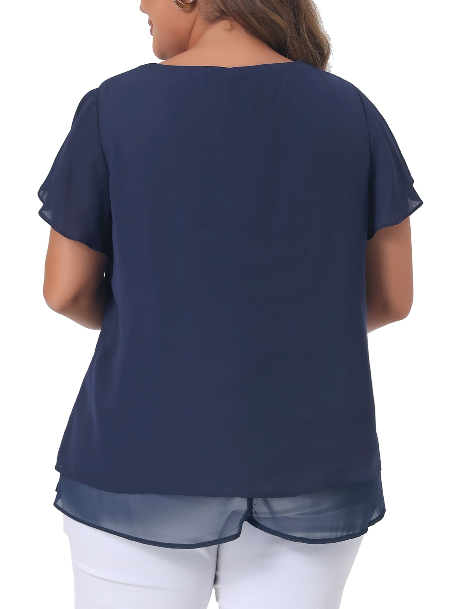 DARING DIVA Women's Plus Size Ruffle Short Sleeve V Neck Chiffon Blouse L Navy Blue