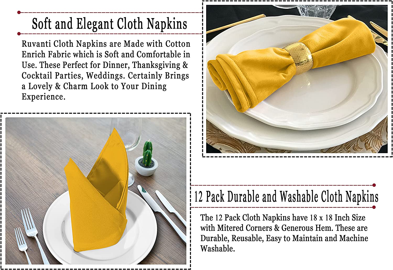 Ruvanti Cloth Napkins Set of 12, 18x18 inches Napkins Cloth Washable, Soft, Durable, Absorbent, Cotton Blend. Table Dinner Napkins Cloth for Hotel, Lunch, Restaurant, Wedding Event, Parties - Mustard - image 3 of 7
