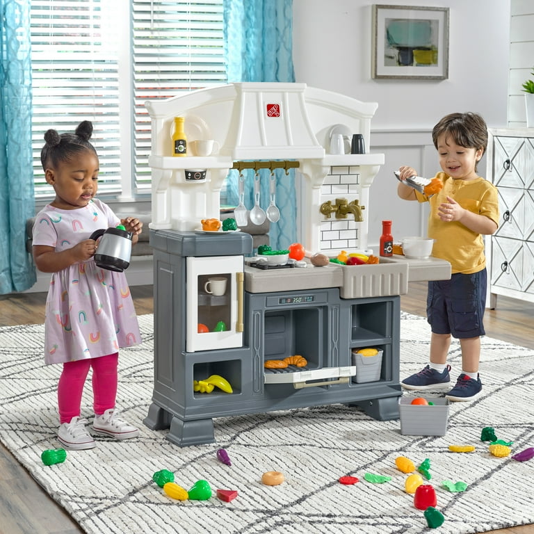 Step2 Gilded Gourmet Kitchen Playset For Kids Includes 20 Plus Toy Kitchen  Accessories Interactive Features For Realistic Pretend Play White Blue Gray  Modern Farmhouse Style Play Kitchen