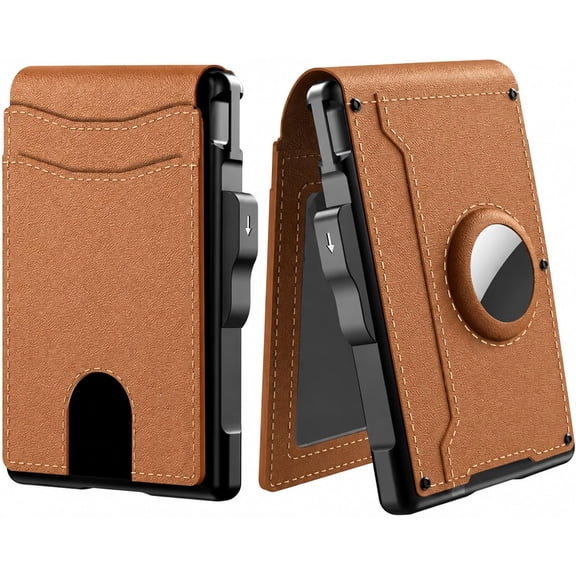 Airtag Wallet for Men, RFID Blocking Slim Pop Up Metal Card Holder with Money Clip ID Window Holds 12 Cards Minimalist Smart Wallet (1 Pack, Brown)