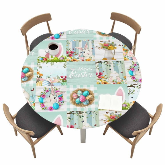 Easter Fitted Tablecloth with Elastic Edged, Round Table Cloth for Dining Table, Spring Watercolor Eggs Farmhouse Gnomes Wooden Grain Waterproof Oil Proof Table Cover for Indoor Outdoor 36"-44"