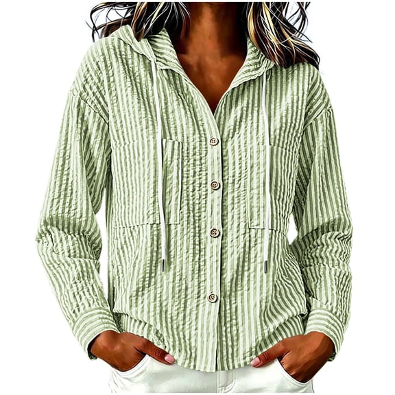 Ohufall Women's Striped Hooded Sun Shirt, Drawstring Hood Button Front Seersucker Long Sleeve Cover Up Jacket