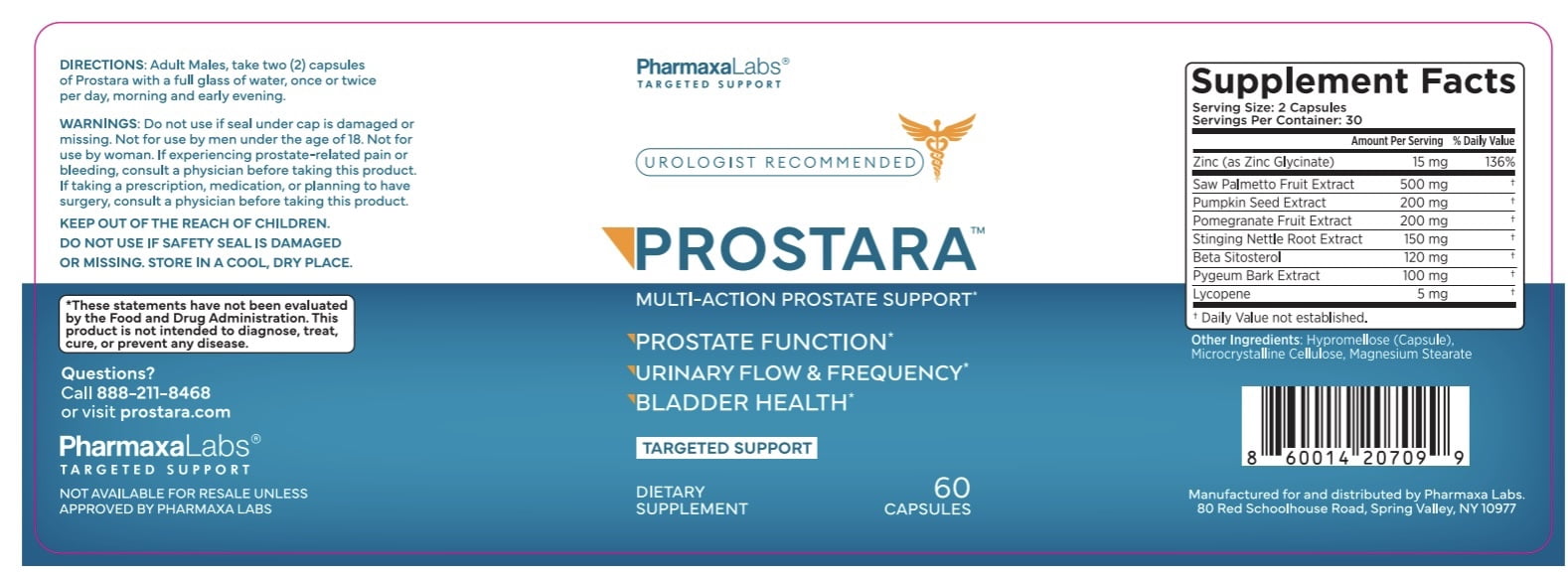 Prostara Prostate Support Supplement with Saw Palmetto, Beta-Sitosterol, Pygeum for Urinary Flow