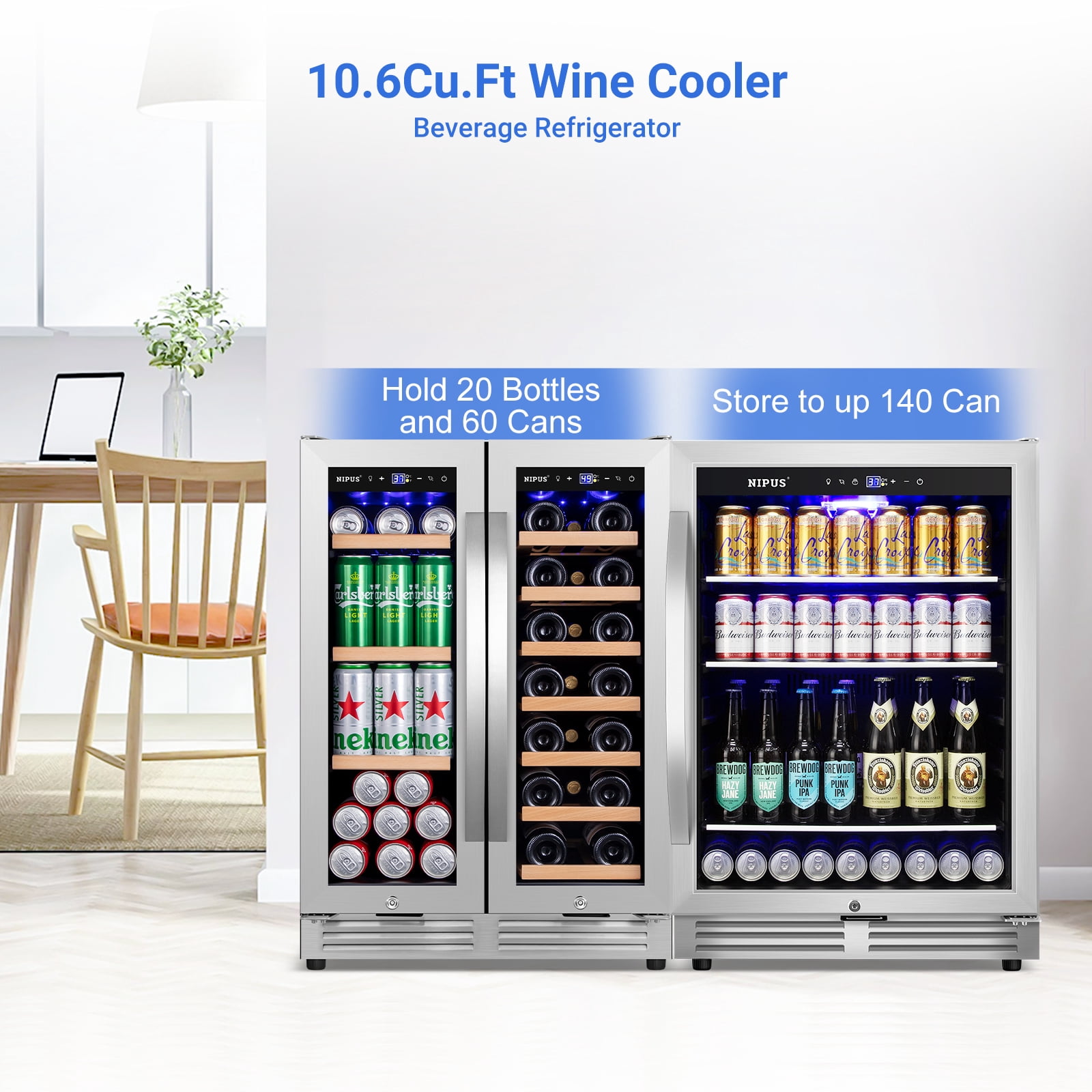 Nipus Wine Cooler and Beverage Refrigerator,Hold 20 Bottles and 200 Cans,Mini fridge with Glass Door for Home/Bar/Office(2 Pack)