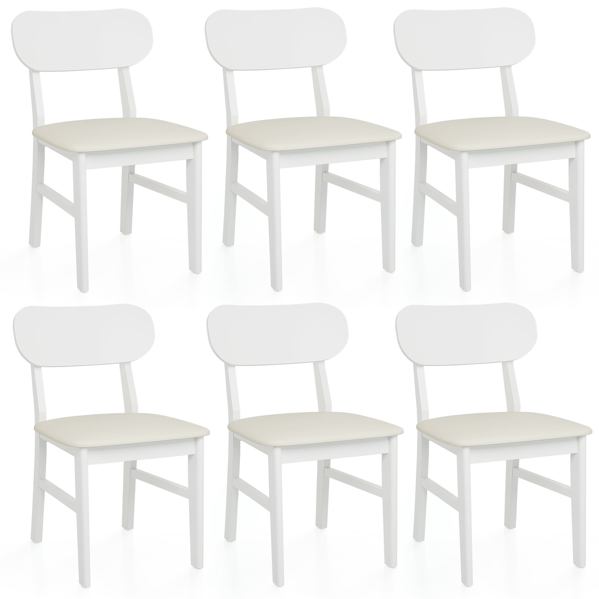 Set of 2 White Rubberwood Dining Chairs, Ergonomic Curved Back PU Leather Upholstered Chairs, 350 LBS Weight Capacity Easy to Clean Kitchen Dining Room Chairs with Non-Slip Foot Pads