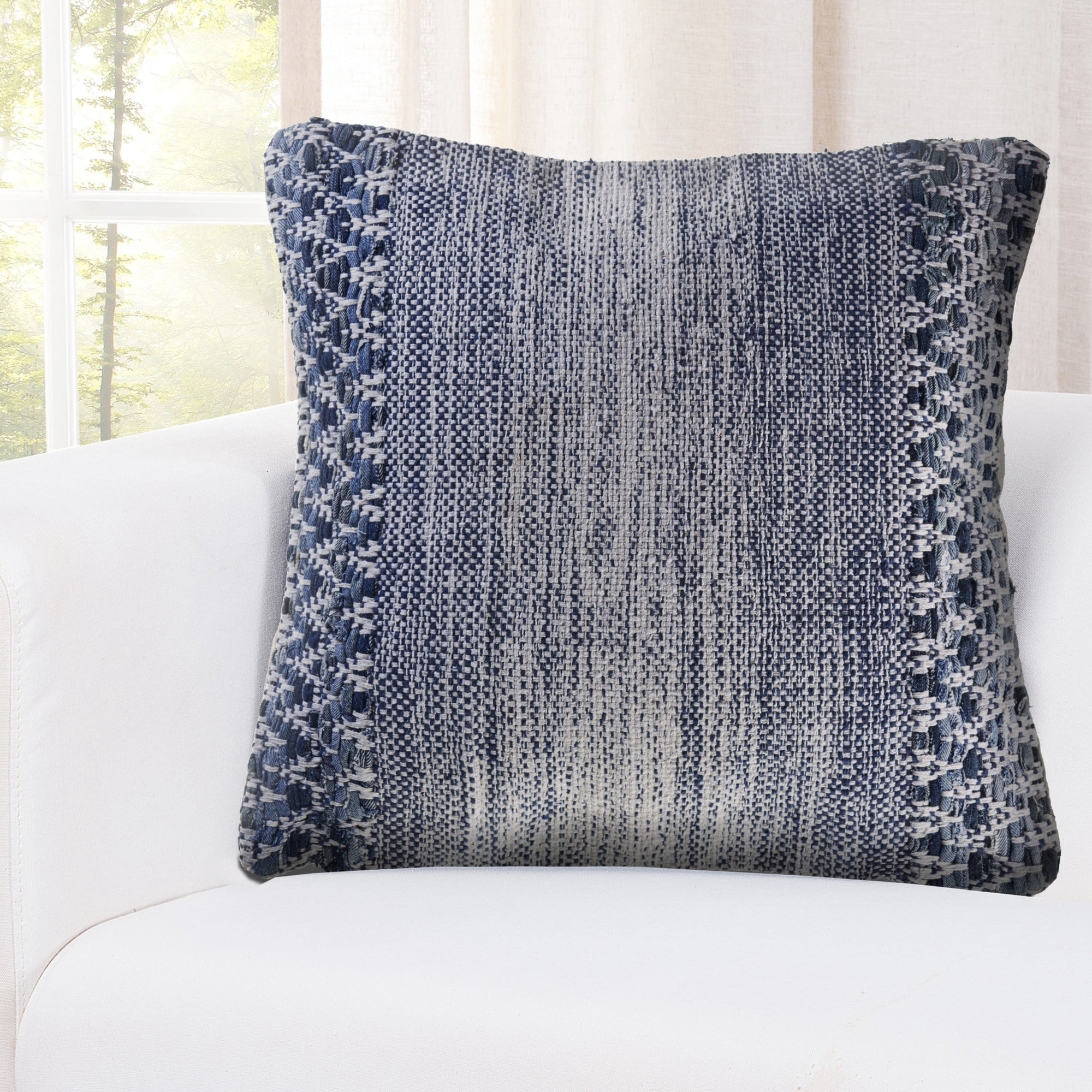 Laddha Home Designs Handwoven Geometric Throw Pillow Cover - 20" - Blue and White