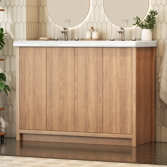 Jarbalai 47" Freestanding Double Sink Bathroom Vanity and Storage Shelves Cabinet, Oak