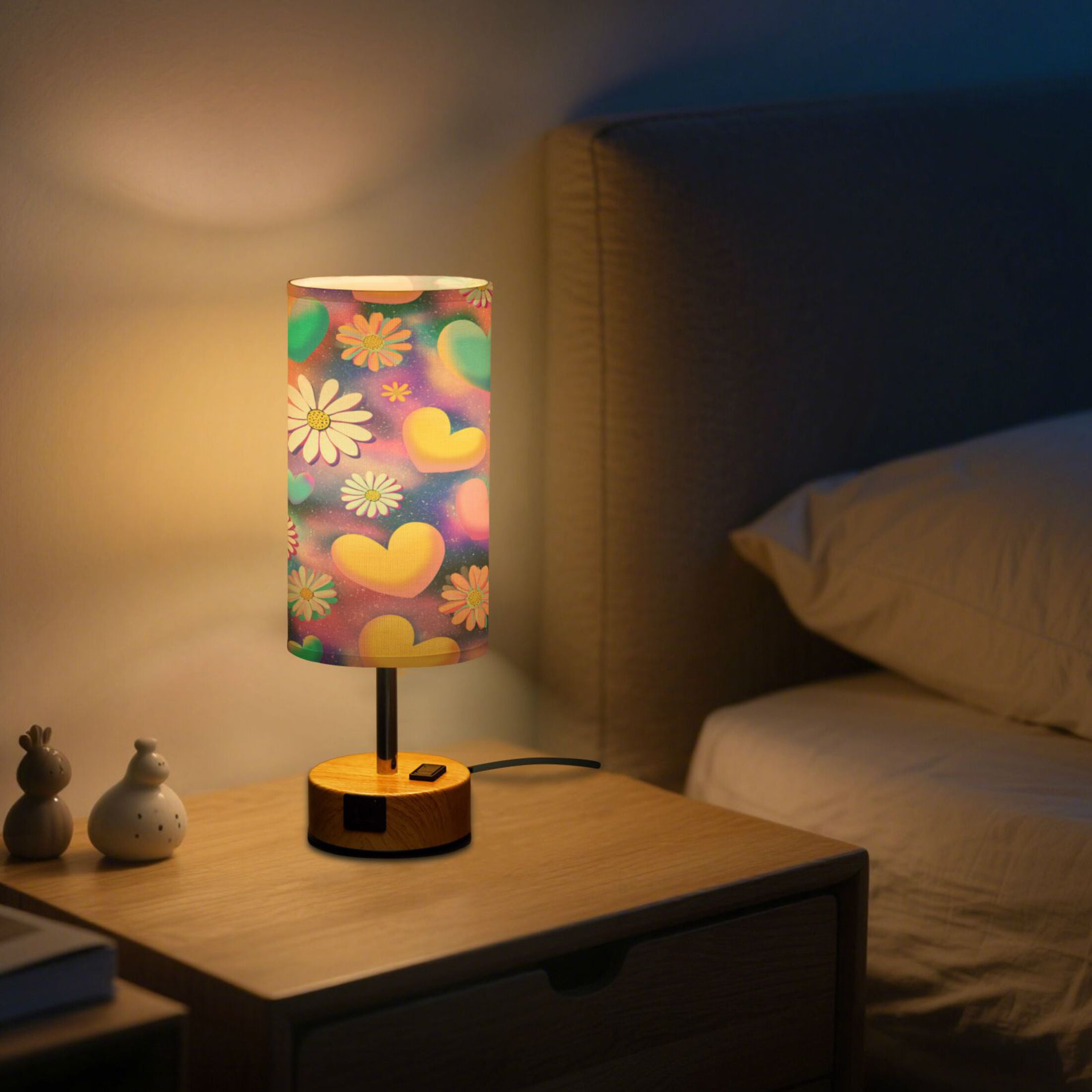 Touch-Control 3-Color Desk Lamp with Plug – Energy-Saving LED + 3 Simultaneous Charging Ports Kawaii Daisy Pop Art