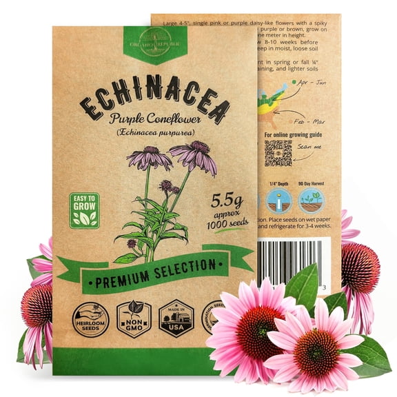 Organo Republic Echinacea Seeds 5.5 g – 1,000 Non‑GMO Heirloom Echinacea Purpurea Seeds – Indoor and Outdoor Herb Seed Packet for Home Garden, Tea & Medicinal Planting
