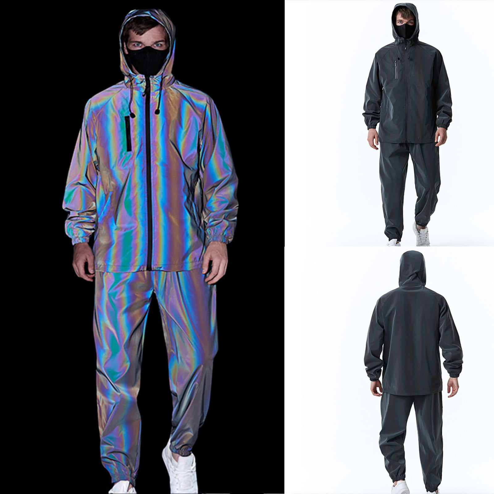 Mens 2 Piece Outfit Reflective Jacket Casual Hiphop Windbreaker Night  Sporting Hooded Coat and Fluorescent Pants