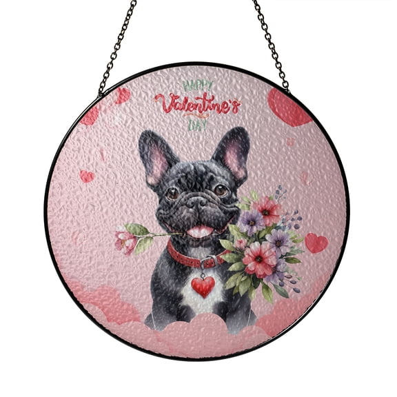 Happy Valentine's Day French Bulldog holding flowers Stained Glass Suncatcher Dog Lover Gifts Window Hanging Sign Decor - 3005