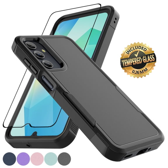 For Samsung Galaxy A16 5G Case with Tempered Glass Screen Protector, Tekcoo Shockproof Heavy Duty Military Grade Drop Protection Dual Layer Rugged Phone Case Cover for Galaxy A16 5G, Black
