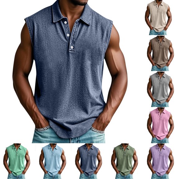 HBGVBA Men's Casual Tank Tops,Breathable Sleeveless Blouse,Solid Color Collared Shirt Button Front Casual Fashion Top
