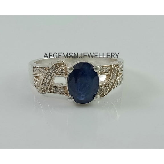 AFGEMSNJEWELLERY Oval Cut Blue Sapphire Ring Sterling Silver & Gemstone Ring Elegant Handmade Jewelry Perfect Valentine Day Gift Silver 3