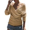 thumbnail image 4 of Duoif Sweaters for Women Trendy Women's Fall and Winter Solid Color V Neck Comfort Fit Knit Off The Shoulder Casual Pullover Sweater Women's Sweaters Womens Tops Khaki S, 4 of 8