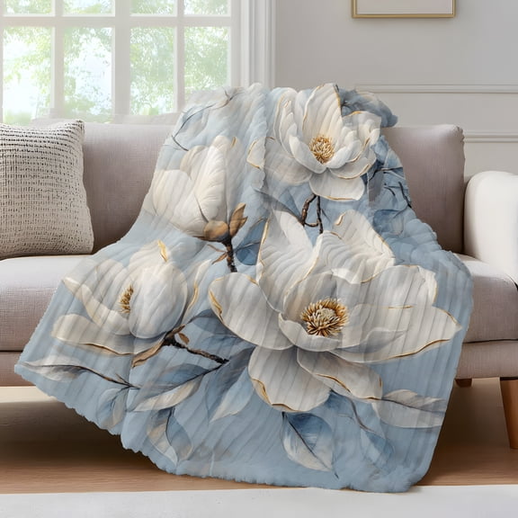 White Floral Fleece Throw Blanket for Couch, Farmhouse Botanical Flowers Branches Microfiber Flannel Blanket for All Season, Lightweight Soft Throw Blankets for Bedroom, Living Room, 60"x80"