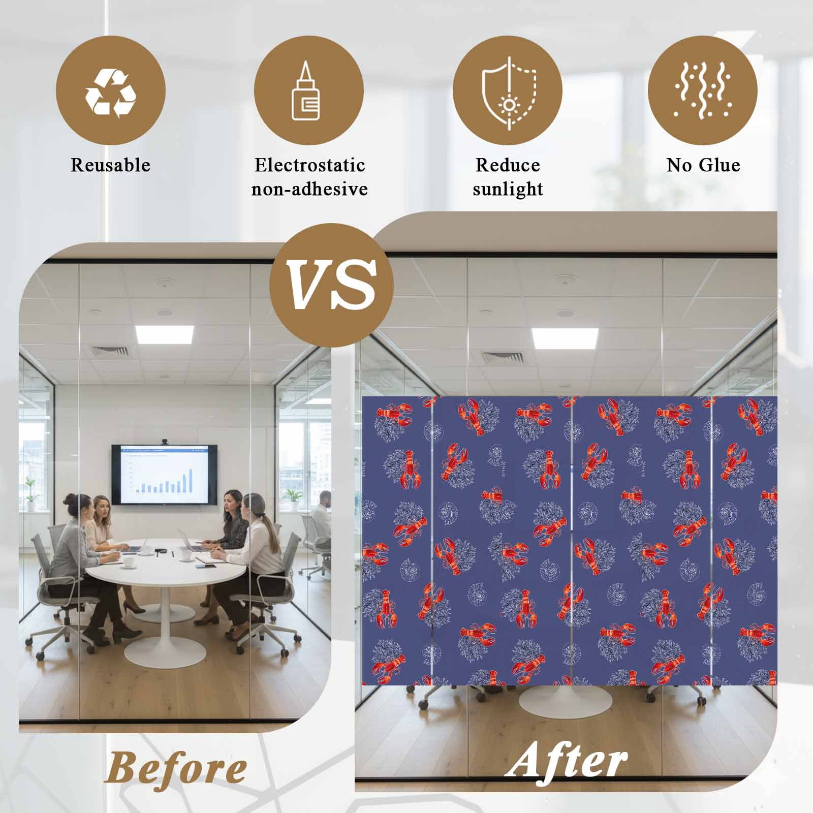 Marine Life Window Privacy Film, Vintage Red Lobster Shell Coral Frosted Glass Window Clings Static Cling UV Heat Blocking Reusable Door Sticker for Bathroom 23.6 x 59 Inch