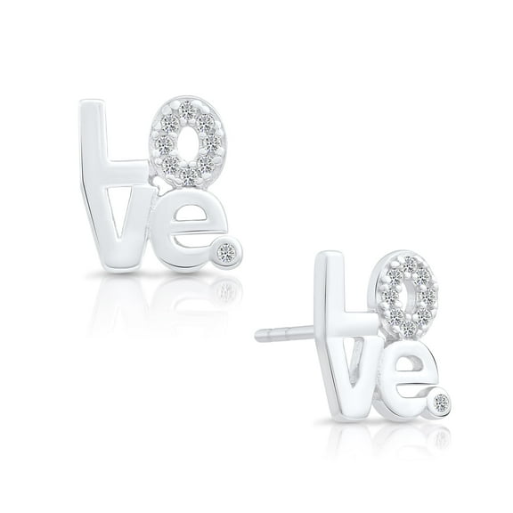 Tilo Jewelry 925 Sterling Silver "LOVE" Stud Earrings with Cubic Zirconia CZ Stones | Secure Push-Backs | Women, Men, Unisex
