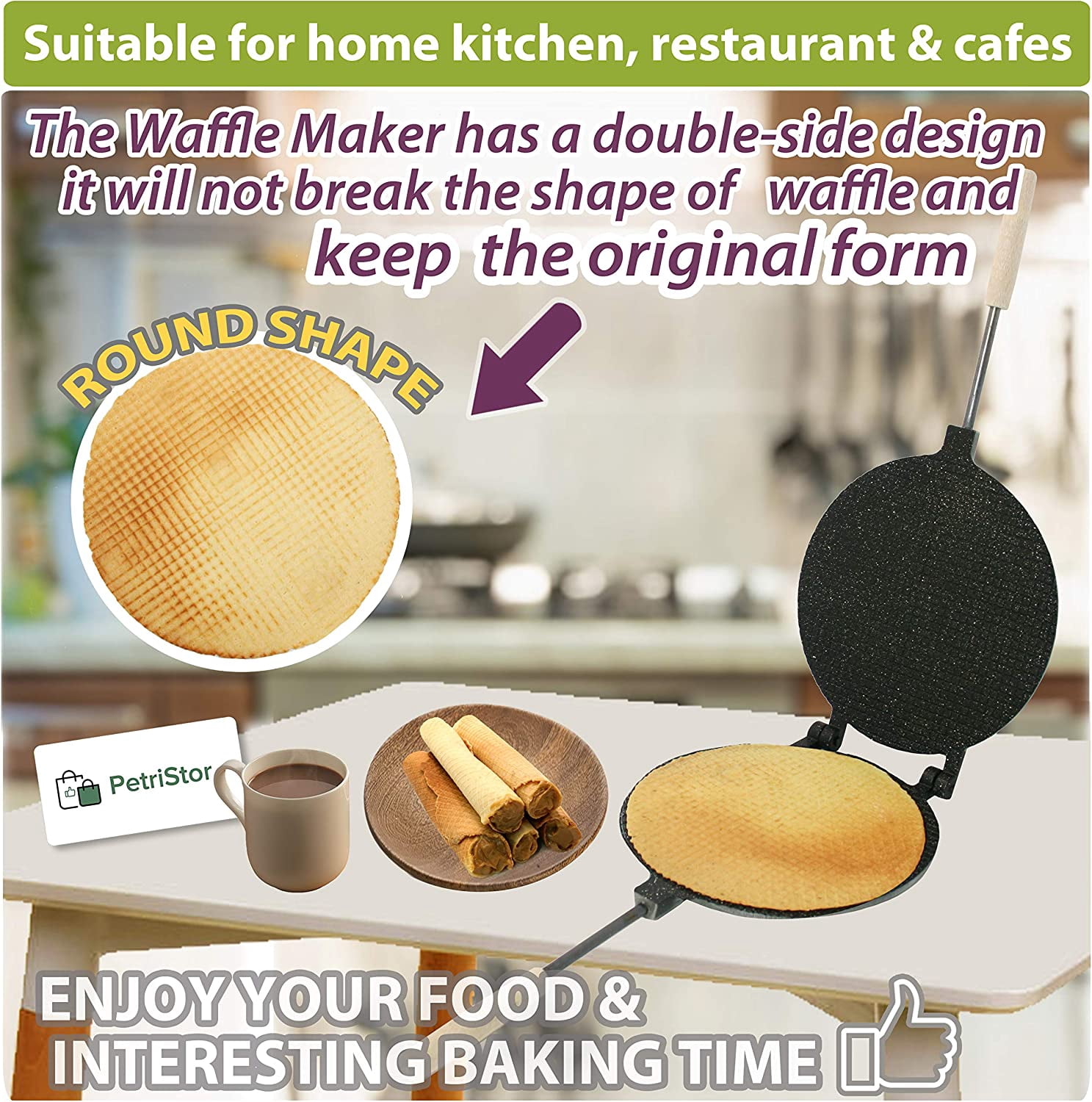 Round Waffle Maker with Nonstick Granite Coating - 8 Inch Electric Stove Compatible Krumkake Iron for Homemade Waffles and Ice Cream Cones