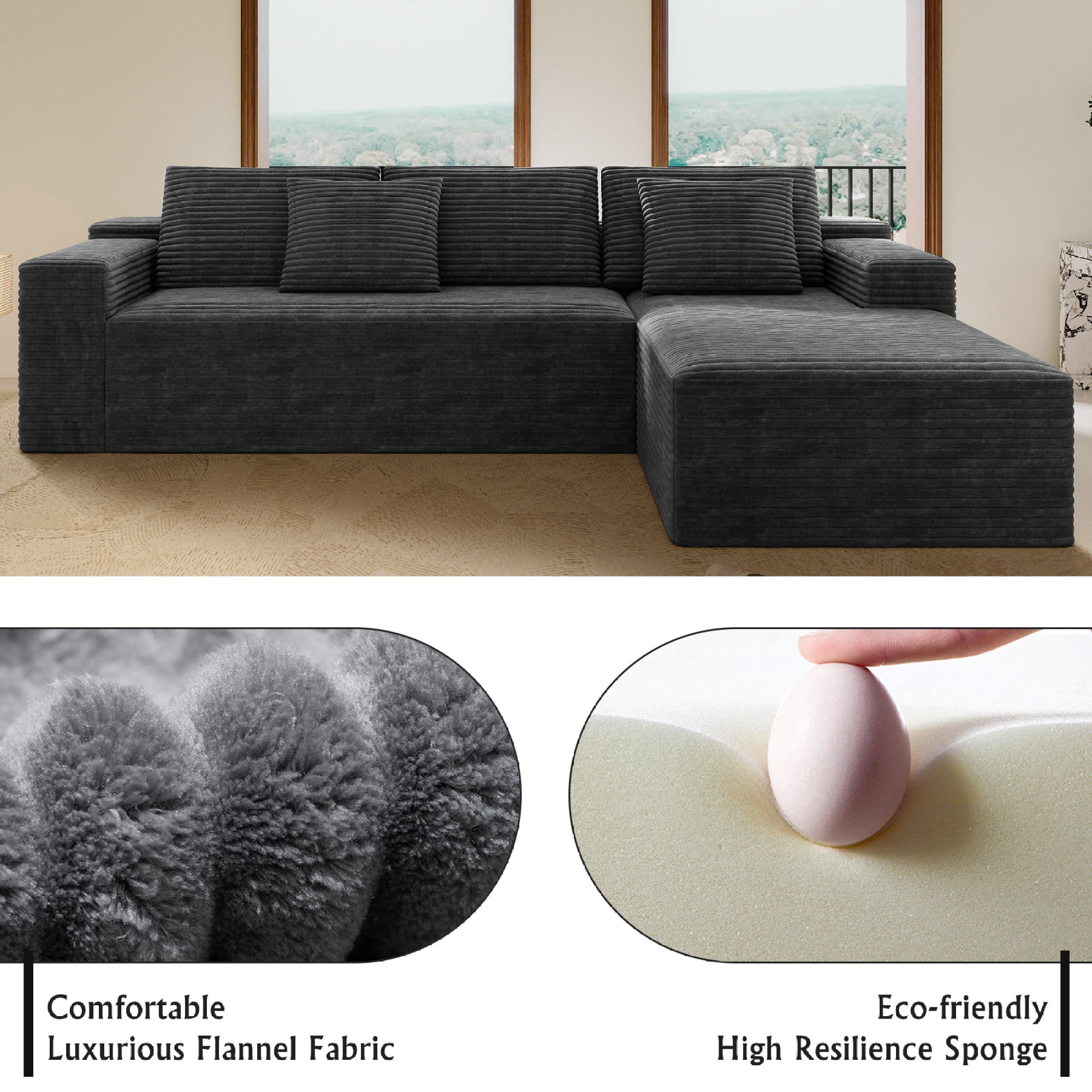 104" Modular Sectional Sofa,Oversized L-Shape Cloud Couch,Modern Corduroy Sleeper Couches Boneless Couches for Living Room,Bedroom,Apartmen,No Assembly Required,Grey-Right Chaise