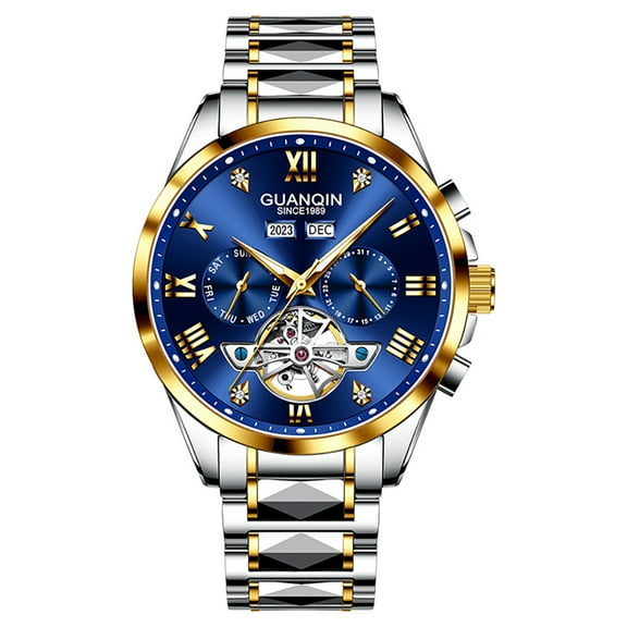 GUANQIN Men Calendar Week Rhinestone Vintage Automatic Self-Winding Mechanical Wrist Watch Tungsten Steel Sapphire Crystal Waterproof Luminous Business multi-functional Clock Man