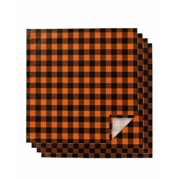 Black Orange Plaid Cloth Napkins Set of 4 Reusable Dinner Napkins, Farmhouse Buffalo Check Gingham Cocktail Napkin Washable Table Napkins for Wedding/Holiday Party/Baby Shower 20"x20"