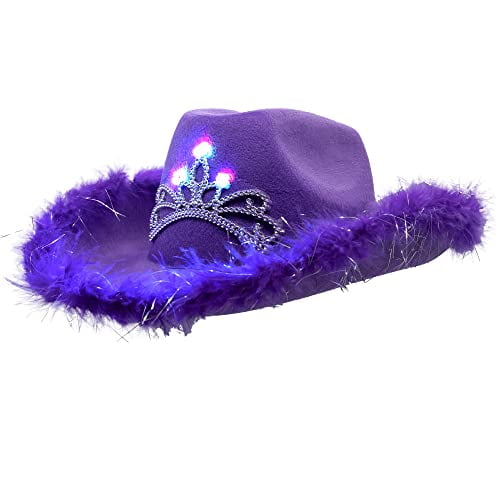 Windy City Novelties LED Light-Up Cowboy Hat With Boa Brim & Blinking Tiara, Purple
