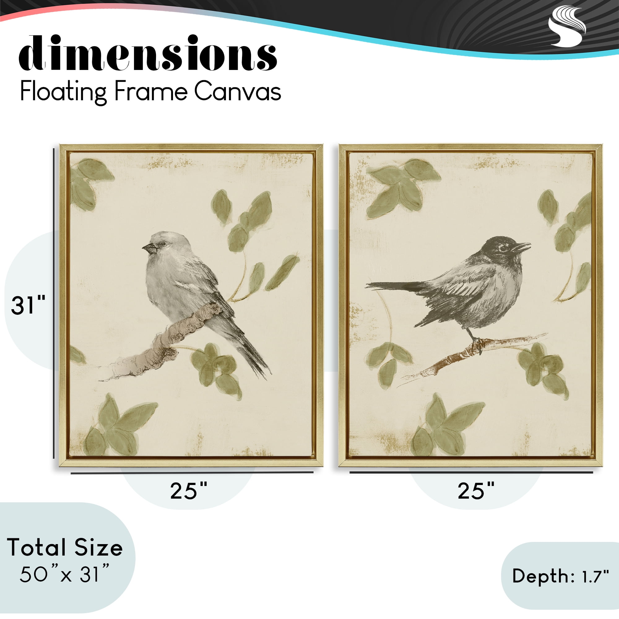 Stupell Industries Neutral Bird Scene 2 Piece Gold Framed Floater Canvas Set, design by Lanie Loreth
