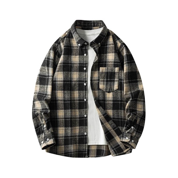 Blusa y camisa de manga larga con cuello vuelto para hombre, camisa informal de moda con entramado, bolsillos con solapa y botones, blusa de poliéster de manga larga para hombre