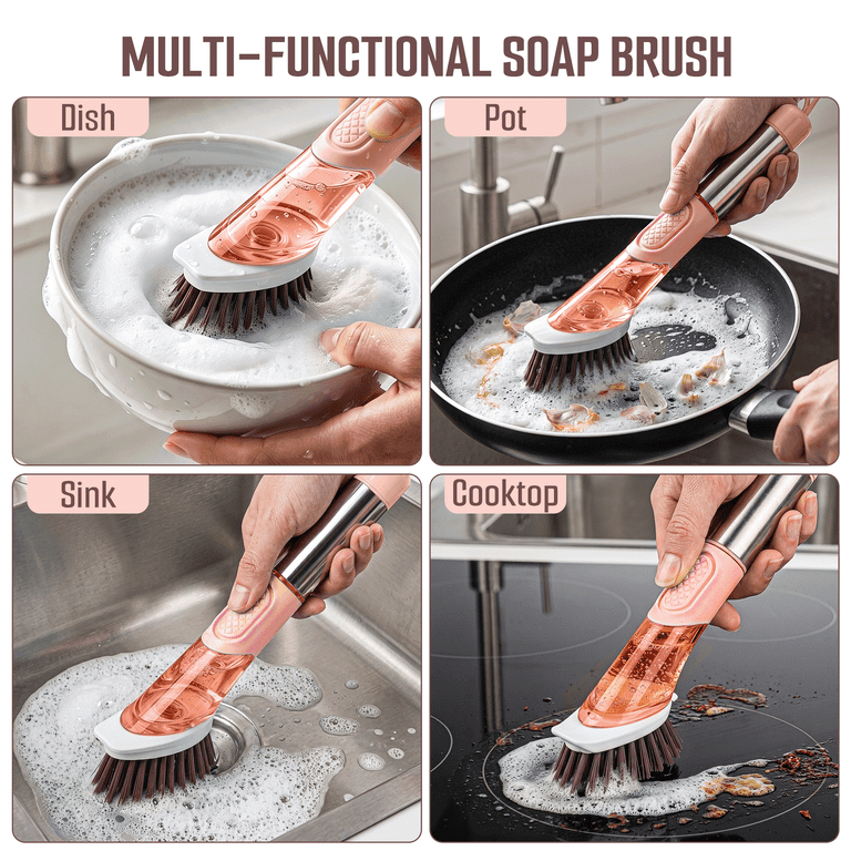 DSOOLO Dish Brush with Soap Dispenser, 3 Heads photo 3